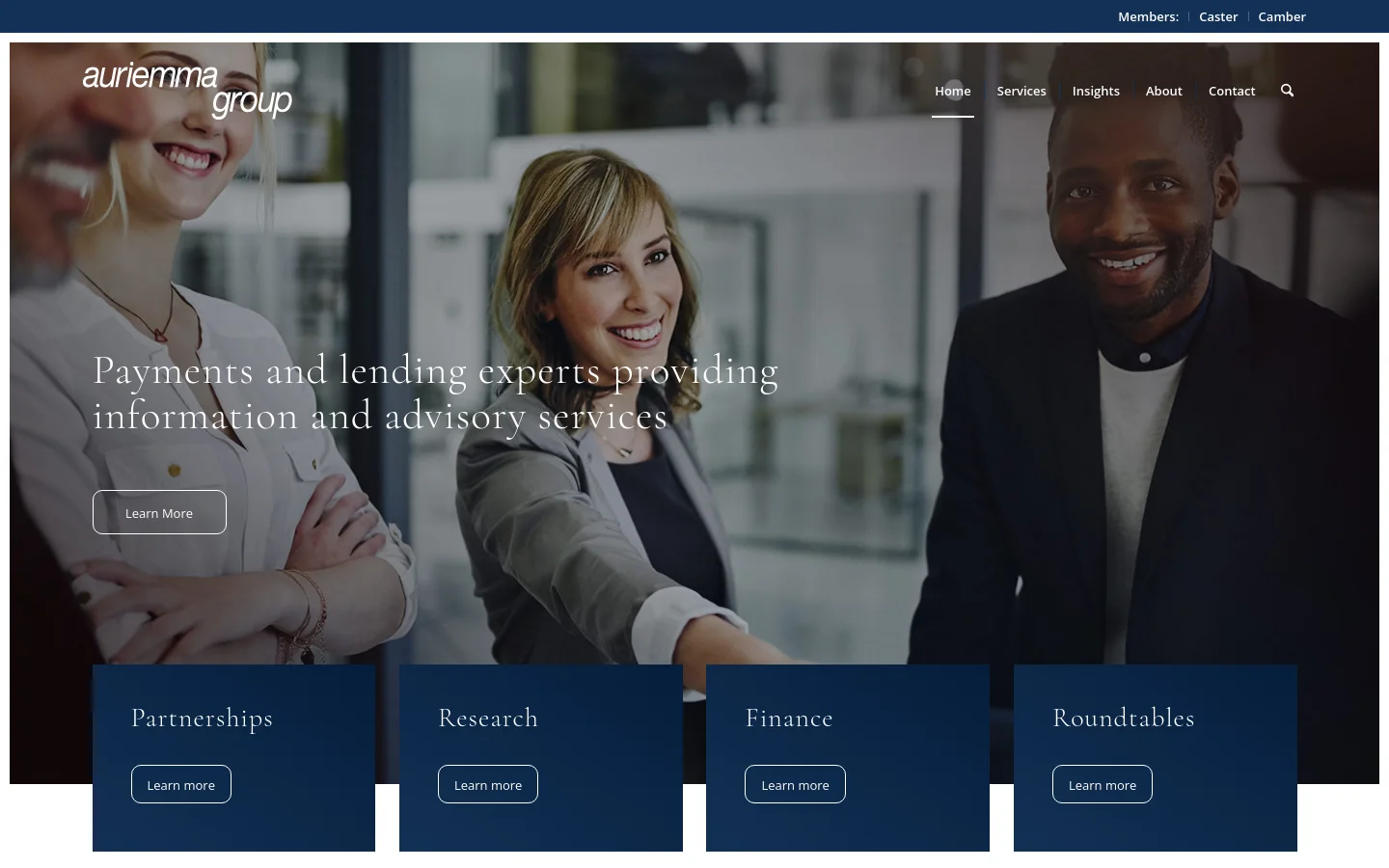 The desktop homepage features a large hero image of smiling professionals in an office setting with a dark blue overlay. A prominent headline reads 'Payments and lending experts providing information and advisory services' above a 'Learn More' button. Below the hero section, four dark blue rectangular cards for Partnerships, Research, Finance, and Roundtables are arranged horizontally, each containing a 'Learn more' button.