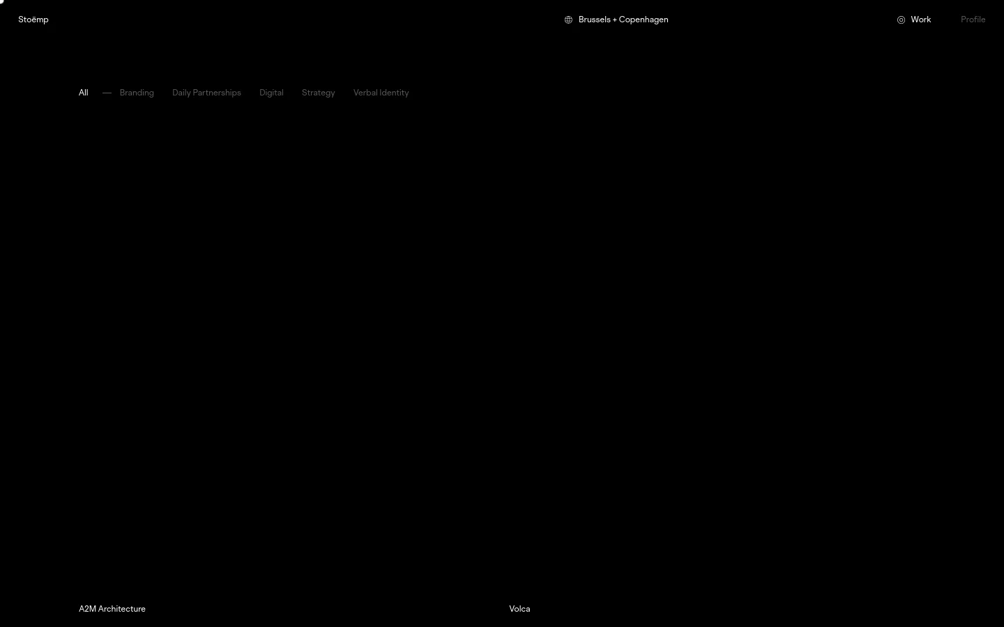 The Work page features a dark minimalist layout with a navigation filter at the top including categories like Branding and Digital. A grid of large project thumbnails showcases various works such as A2M Architecture and Volca, each accompanied by a title and service tags. The design uses high-quality imagery against a black background with white typography.