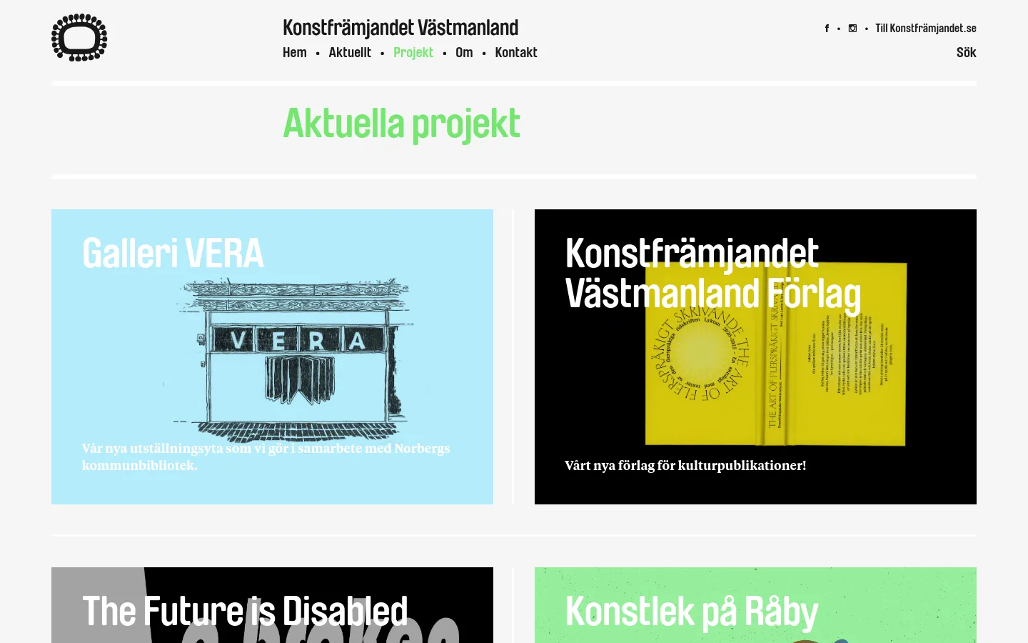 The desktop page features a clean white background with a light green headline reading 'Aktuella projekt'. Below the header, current projects are displayed in a two-column grid of large cards, each containing a representative image, a bold title, and a short description. The navigation menu is at the top, including links for Home, Current, Projects, About, and Contact.