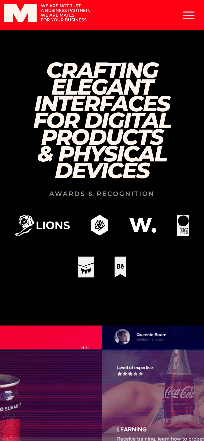 The mobile version presents a vertically stacked layout with the same bold white headline and dark background. The header is simplified with a red background containing the logo and a hamburger menu icon, and the awards section is rearranged to fit the narrower screen width.