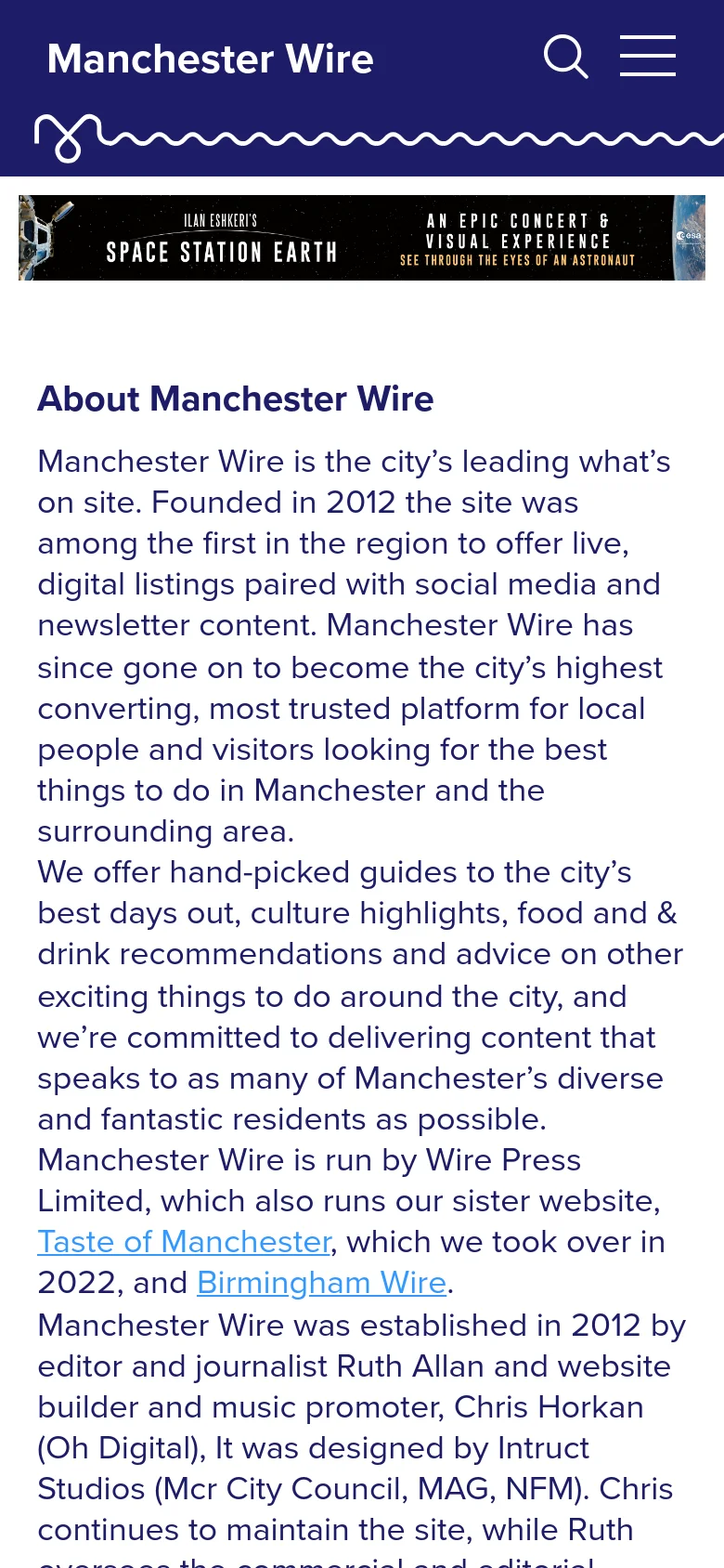 The mobile version presents a single-column layout with the banner image and text stacked vertically for easier scrolling. The header is condensed into a dark blue bar featuring the Manchester Wire logo, a search icon, and a hamburger menu icon, while the footer remains dark blue with simplified navigation links.