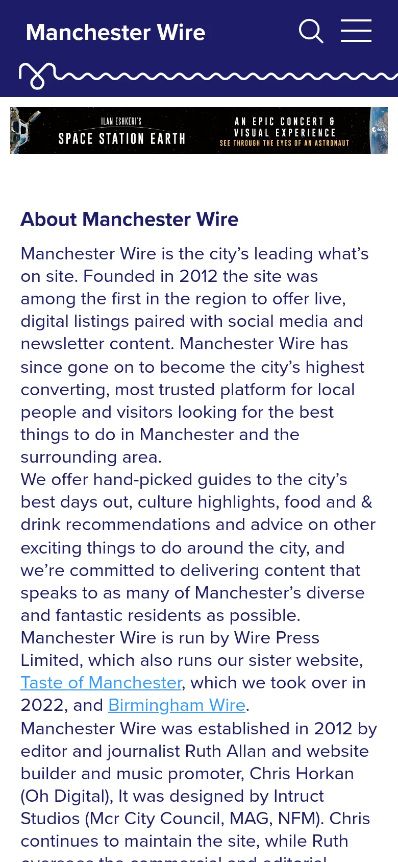 The mobile version presents a single-column layout with the banner image and text stacked vertically for easier scrolling. The header is condensed into a dark blue bar featuring the Manchester Wire logo, a search icon, and a hamburger menu icon, while the footer remains dark blue with simplified navigation links.