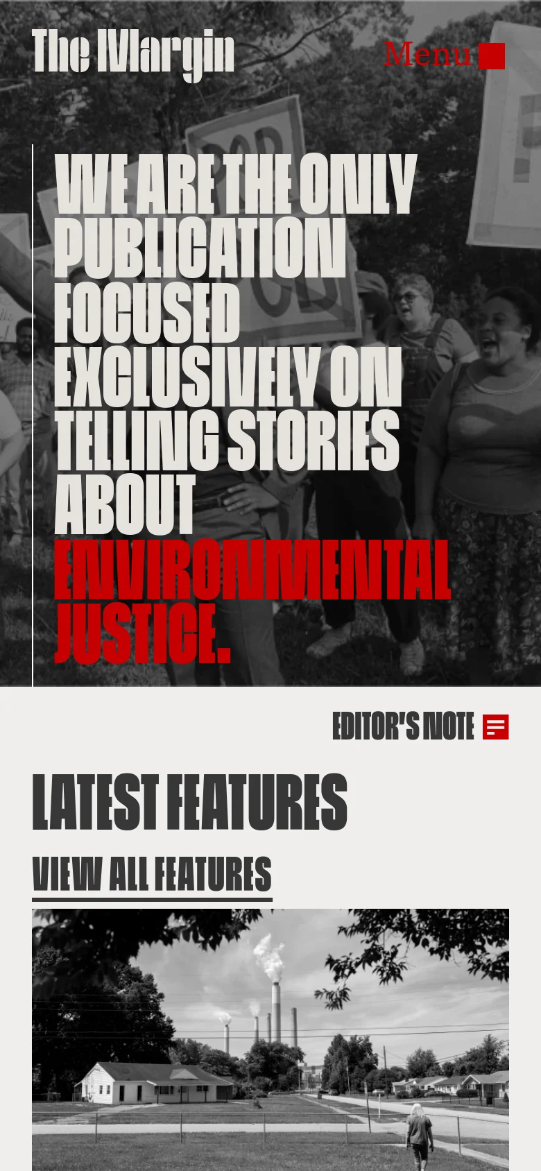 The mobile version maintains the high-contrast hero image with bold, stacked typography, but the layout is condensed for a vertical screen. A red 'Menu' button is prominent in the top right corner, and the 'Latest Features' section follows below, presenting content in a single-column scrollable format.