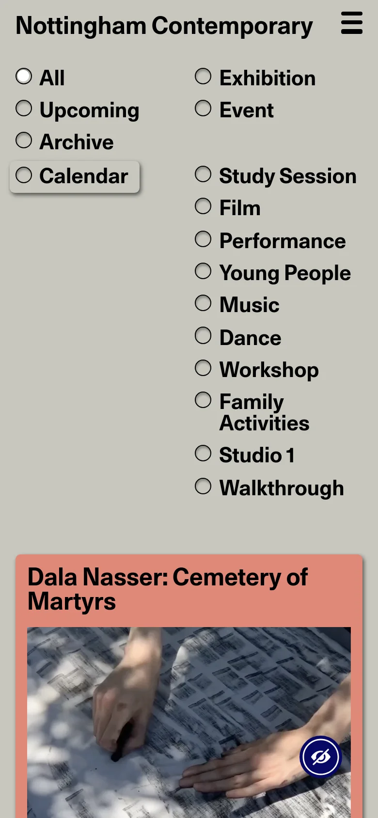 The mobile version simplifies the layout into a single vertical column for easier scrolling. The navigation filters are stacked vertically, and the event cards occupy the full width of the screen, prioritizing large imagery and clear typography for the exhibition titles.