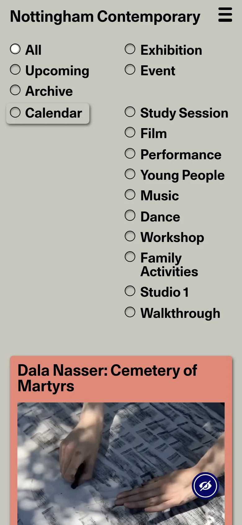 The mobile version simplifies the layout into a single vertical column for easier scrolling. The navigation filters are stacked vertically, and the event cards occupy the full width of the screen, prioritizing large imagery and clear typography for the exhibition titles.