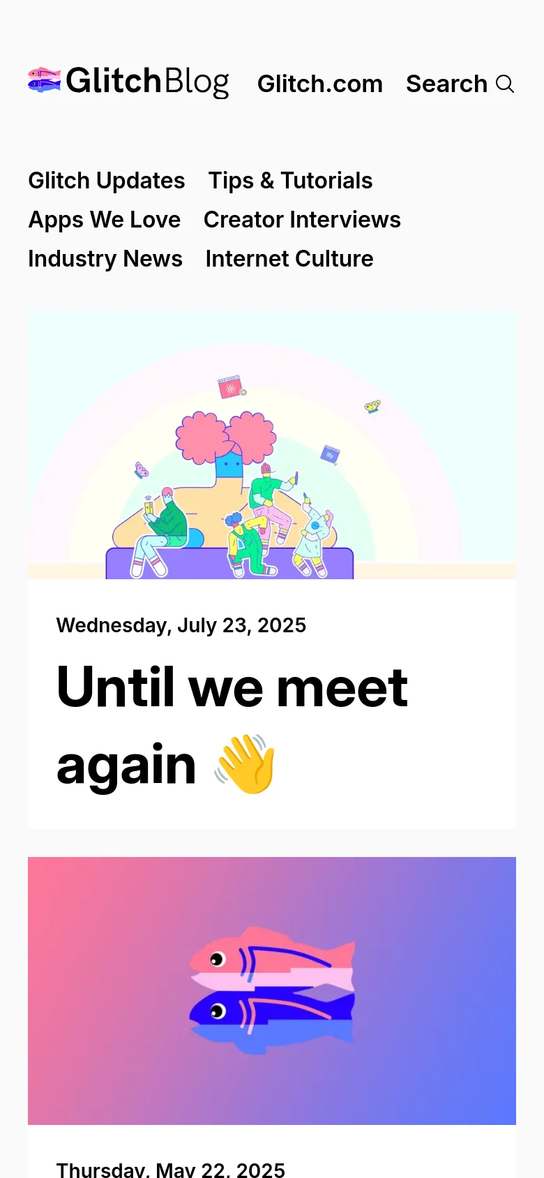 The mobile version presents a single-column vertical layout, prioritizing the large hero illustration and the main headline 'Until we meet again'. Navigation links are stacked vertically above the content, and the grid of blog posts transitions into a simplified list of large images and headlines for easier scrolling on small screens.