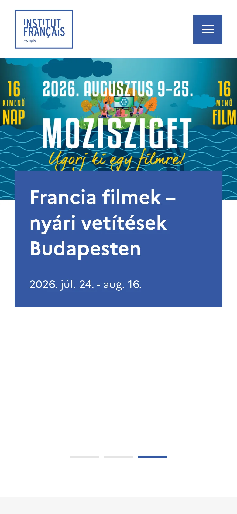 The mobile version simplifies the layout into a single-column vertical stack. The hero image occupies the full width with the blue event information box positioned prominently at the bottom of the image. The navigation is condensed into a blue hamburger menu icon next to the logo.
