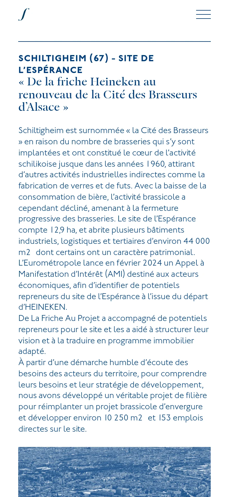 The mobile version simplifies the layout, replacing the horizontal navigation menu with a hamburger icon in the top right corner. The text and headline are stacked vertically, and the large aerial photograph is scaled to fit the narrower screen width.