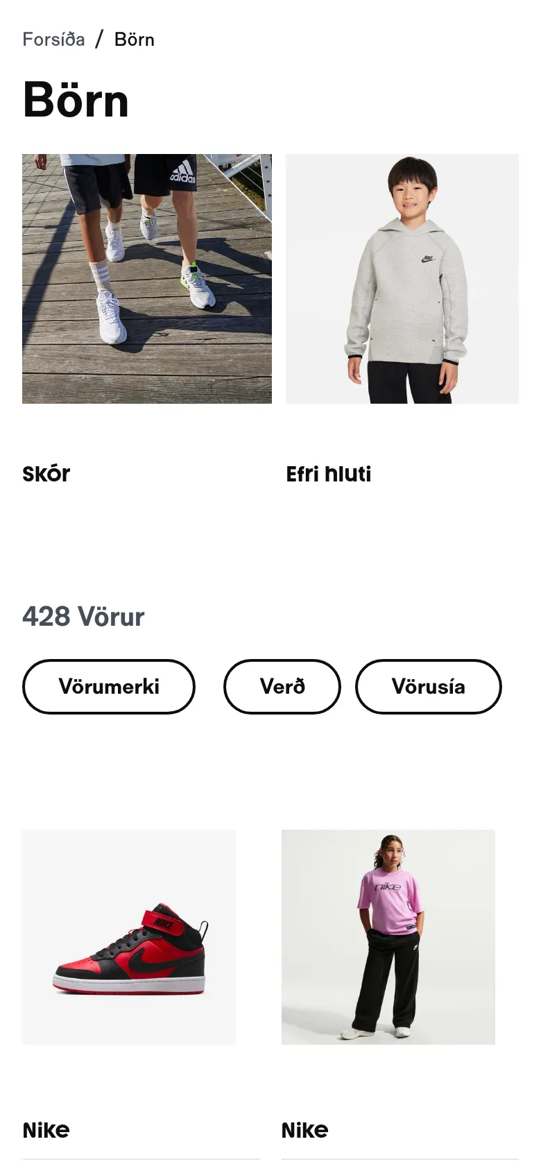 The mobile version simplifies the layout into a single-column view, stacking the category images vertically to facilitate scrolling. The category grid and product listings are resized for a narrow screen, maintaining the white aesthetic and clear typography while prioritizing vertical navigation.