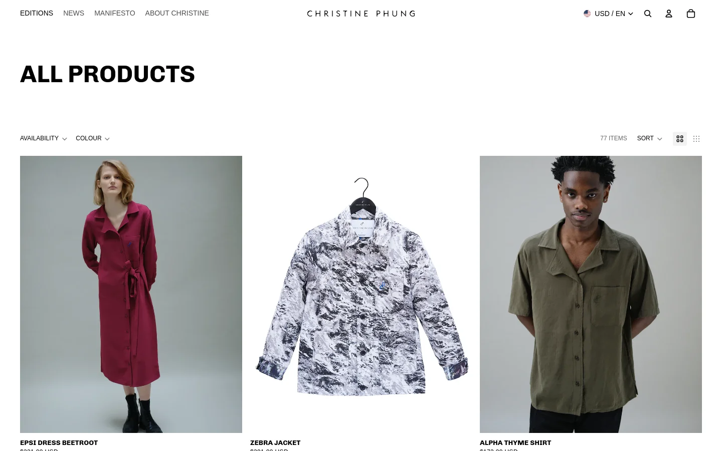 The desktop version shows a minimalist e-commerce collection page titled 'ALL PRODUCTS' with a white background. A navigation bar at the top includes links for Editions, News, Manifesto, and About Christine, alongside currency and account icons. Below the header, a product grid displays large, high-quality images of clothing items like the Epsi Dress Beetroot and Zebra Jacket, each accompanied by its name and price.