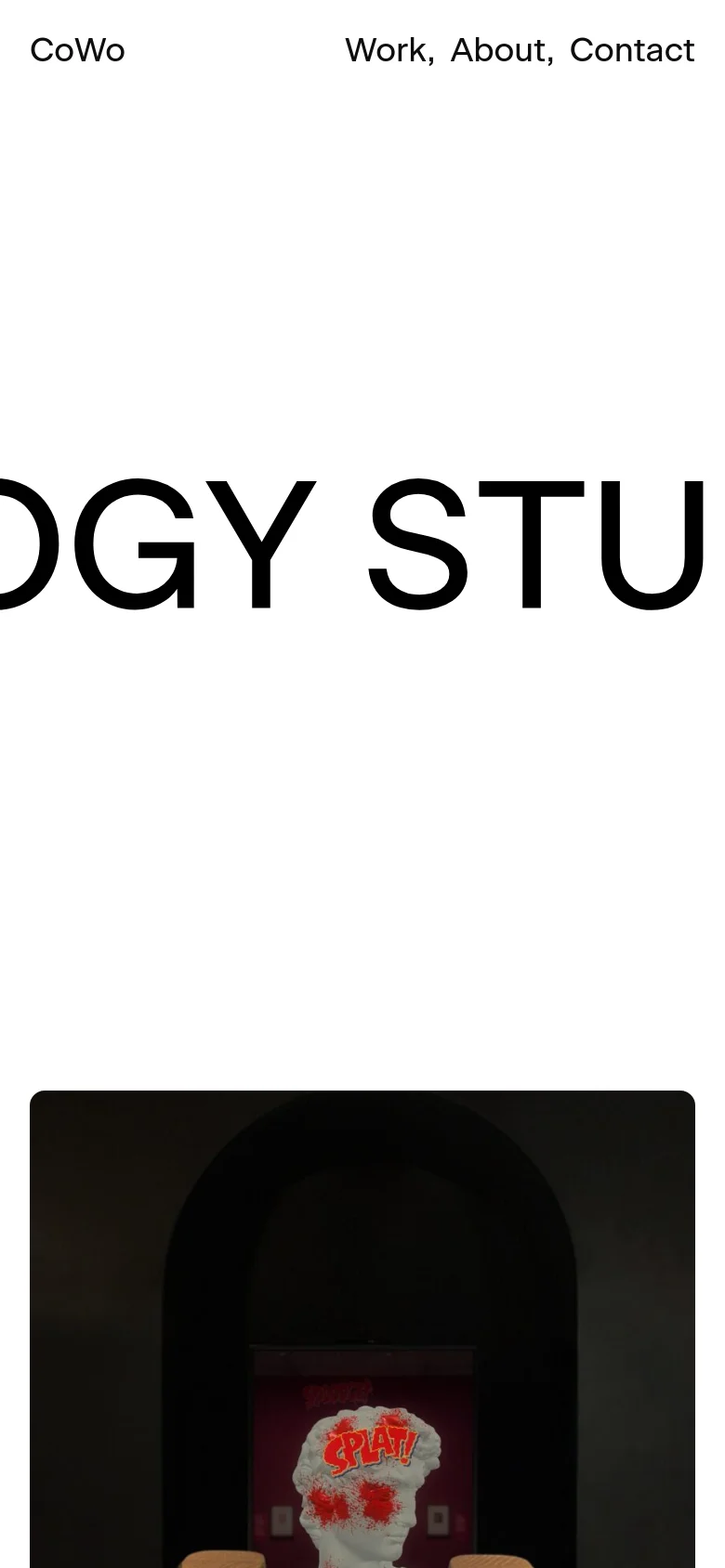 The mobile version maintains the minimalist white and black aesthetic but simplifies the layout for a vertical screen. The navigation links are condensed, and the oversized headline is scaled to fit the narrower width, followed by a single-column stack of project content.