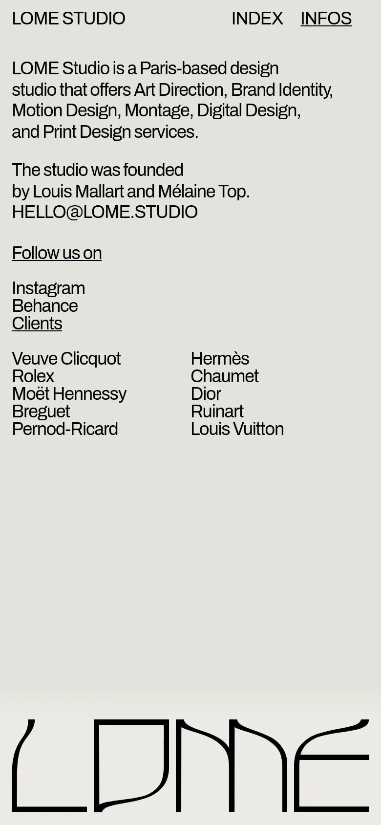 The mobile version maintains the minimalist light gray and black aesthetic but uses a single-column vertical layout. The text content, including the studio description, contact info, social links, and client list, is stacked vertically for easier scrolling on a narrow screen.