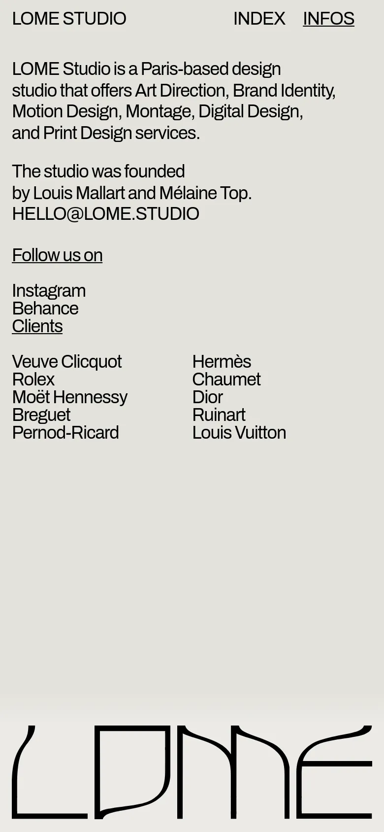 The mobile version maintains the minimalist light gray and black aesthetic but uses a single-column vertical layout. The text content, including the studio description, contact info, social links, and client list, is stacked vertically for easier scrolling on a narrow screen.