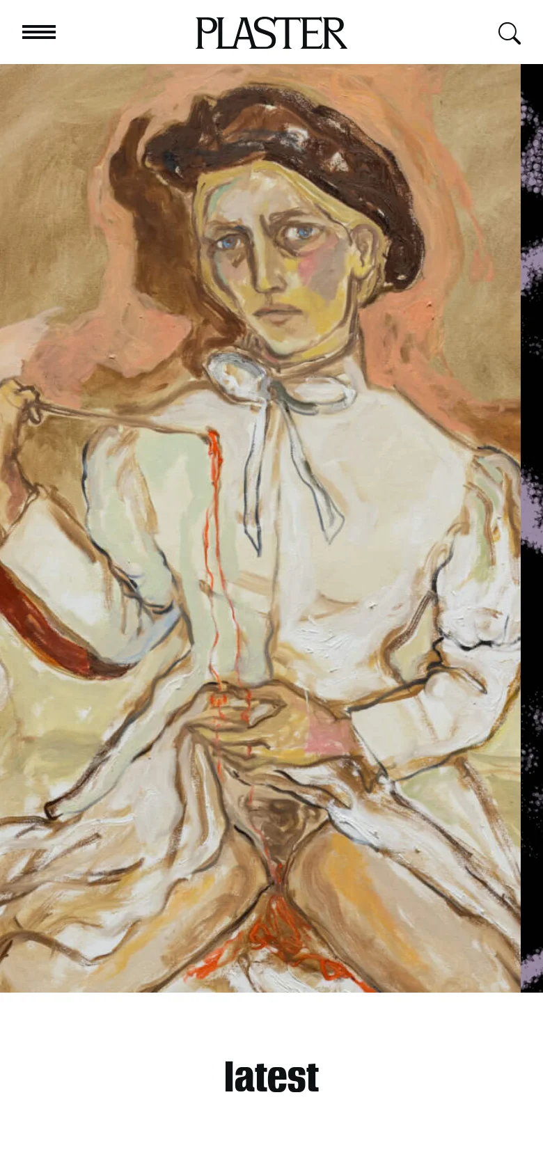 The mobile version simplifies the layout, showing a centered 'PLASTER' logo with a hamburger menu on the left and a search icon on the right. The hero image transitions to a vertical orientation, featuring a large, expressive oil painting of a person in a white blouse. The content is stacked vertically for easy scrolling.