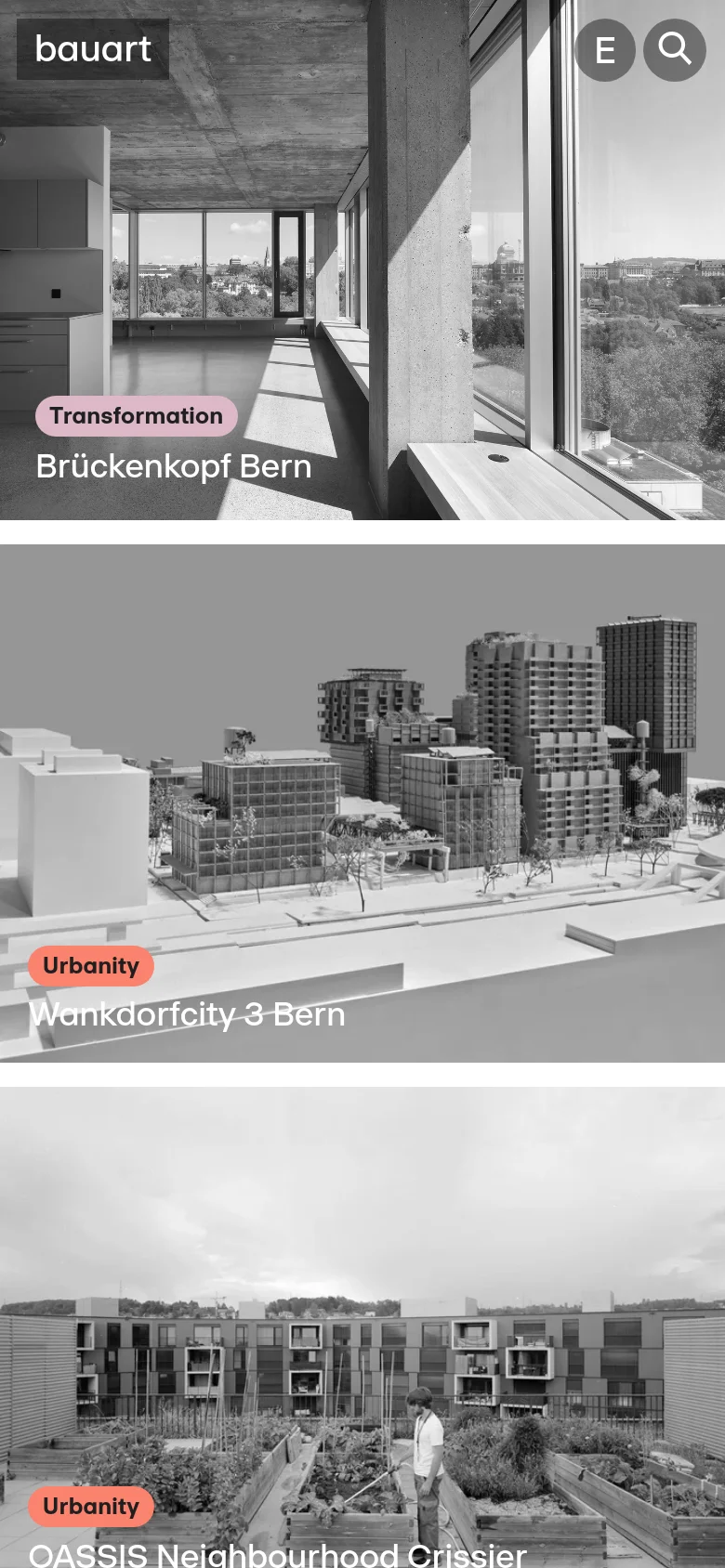 The mobile version displays the portfolio projects in a single-column vertical stack, emphasizing large-scale imagery. Each project entry consists of a full-width black and white photo with the category label and project title overlaid at the bottom. The top navigation is condensed, featuring a hamburger menu and a search icon.