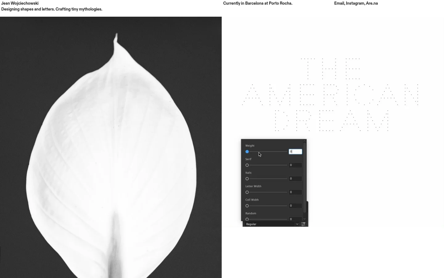 The homepage features a minimalist design with a large black and white hero image of a single white leaf on the left. To the right, text elements include the designer's name, current location at Porto Rocha, and social links, alongside a large dotted typographic display reading 'THE AMERICAN DREAM' and a dark UI control panel. The layout uses a clean grid with plenty of white space and black text on a white background.