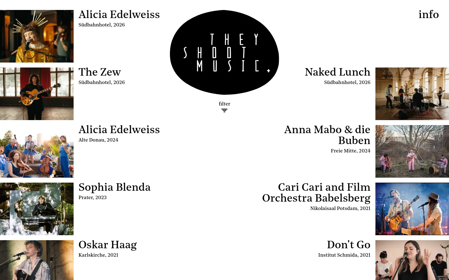 The desktop homepage features a large black circular logo with white text reading 'THEY SHOOT MUSIC' centered at the top. Below the logo, a grid layout displays large musical photography paired with artist names and venue details, such as Alicia Edelweiss and The Zew. The design is minimalist with a white background and black serif typography.