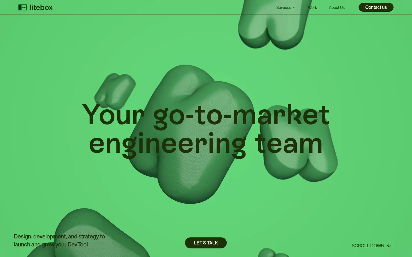 The desktop homepage features a vibrant green background with large, dark text reading 'Your go-to-market engineering team' layered over soft, 3D green organic shapes. A navigation bar at the top includes the Litebox logo, 'Services', 'Work', 'About Us', and a 'Contact us' button, while a 'LET'S TALK' call-to-action button sits at the bottom center.