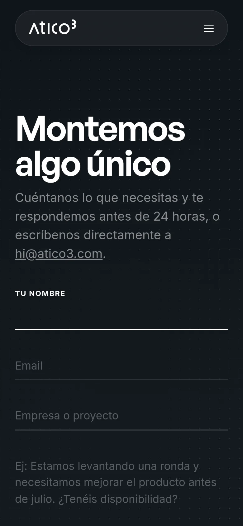 The mobile version uses a single-column layout on a dark, dotted background. The headline and contact instructions appear at the top, followed by the contact form fields and a white button. The navigation is condensed into a hamburger menu in the header.
