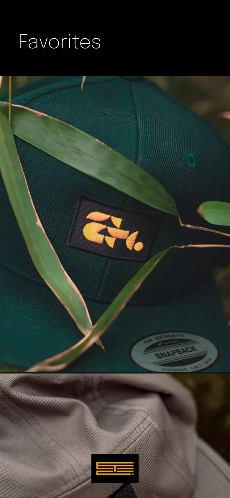 The mobile version displays the 'Favorites' headline in white text against a black background, followed by a single, large hero image of a green snapback hat with a gold logo patch. The layout shifts from a horizontal grid to a vertical stack, focusing on one large product image at a time.