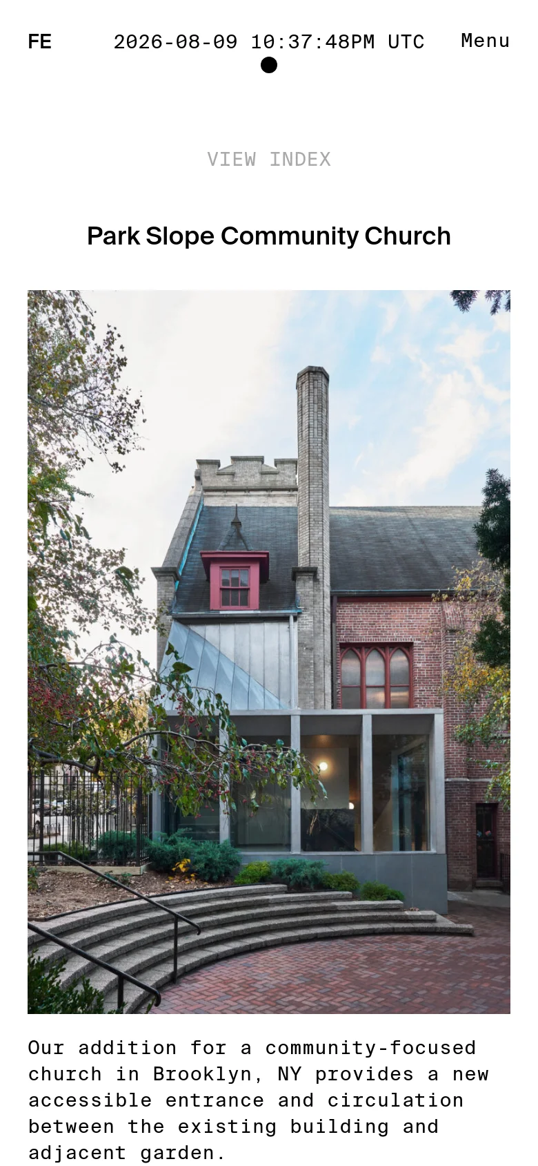 The mobile version presents a vertical single-column layout, focusing on one large architectural image at a time. The navigation is condensed into a 'Menu' button, and the project title and description are stacked vertically below the main image.