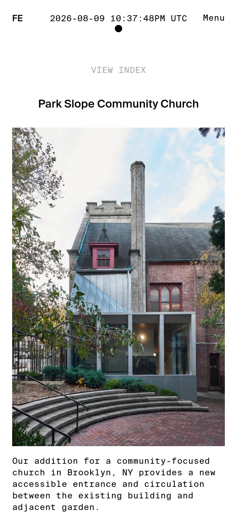 The mobile version presents a vertical single-column layout, focusing on one large architectural image at a time. The navigation is condensed into a 'Menu' button, and the project title and description are stacked vertically below the main image.