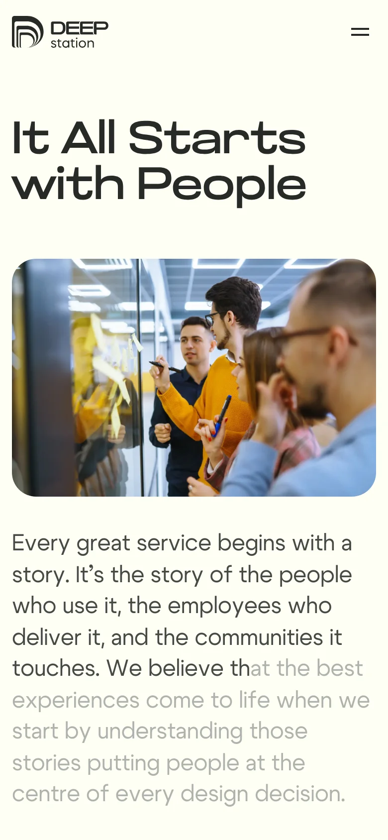 The mobile version stacks the content vertically, starting with the DEEP Station logo and a menu icon, followed by the large headline 'It All Starts with People'. The hero image of professionals collaborating is placed below the headline, with the descriptive text following underneath.