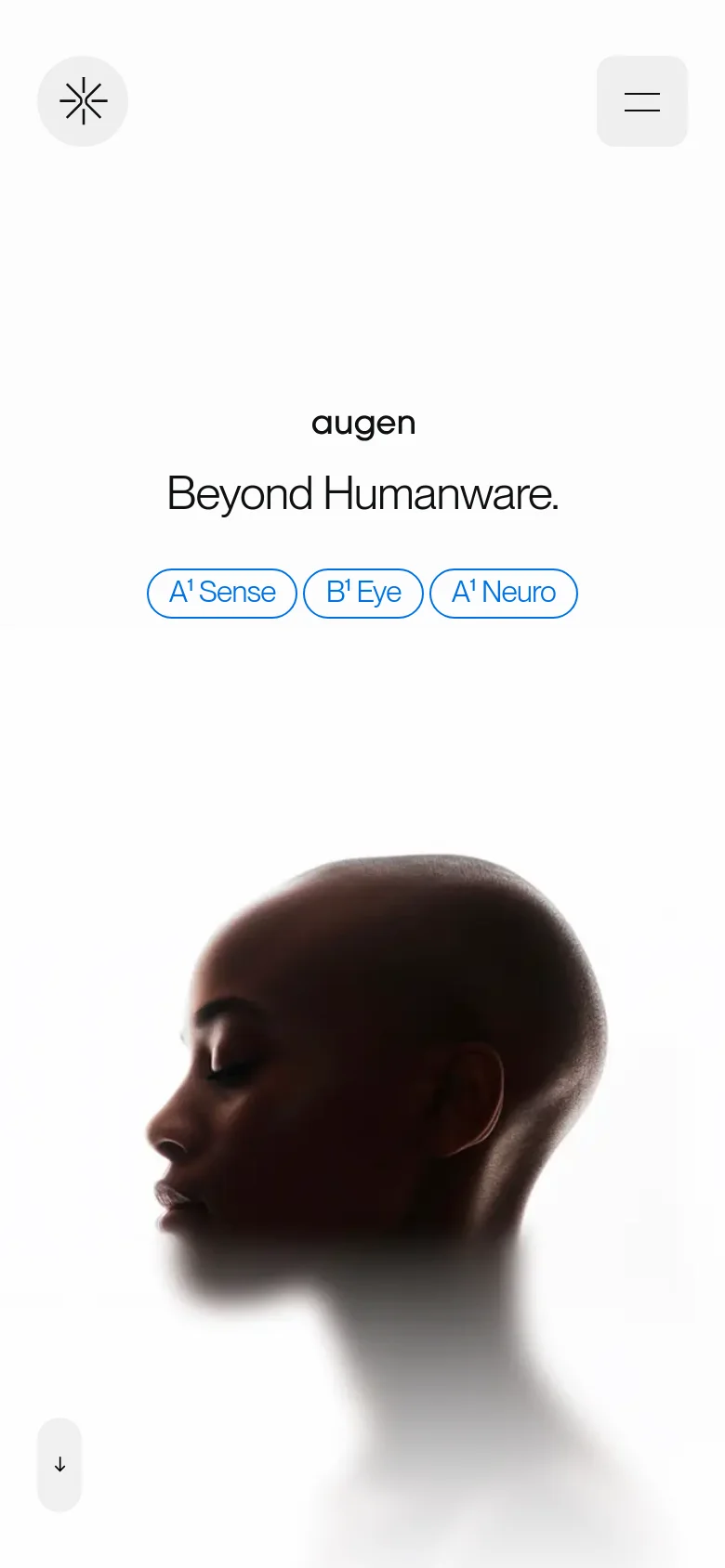 The mobile version maintains the minimalist white aesthetic and soft-focus hero image but simplifies the layout. The top navigation is replaced by a hamburger menu icon, and the central text 'augen Beyond Humanware.' is followed by the three navigation buttons stacked vertically above the person's profile.