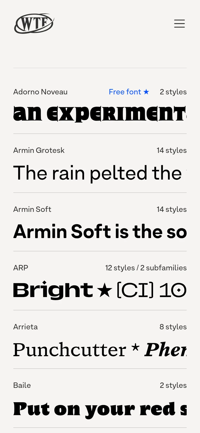 The mobile version presents a simplified single-column layout with a centered W Type Foundry logo and a hamburger menu icon at the top. The font catalog follows, showing typeface names, style counts, and large text specimens stacked vertically, optimized for vertical scrolling on a narrow screen.