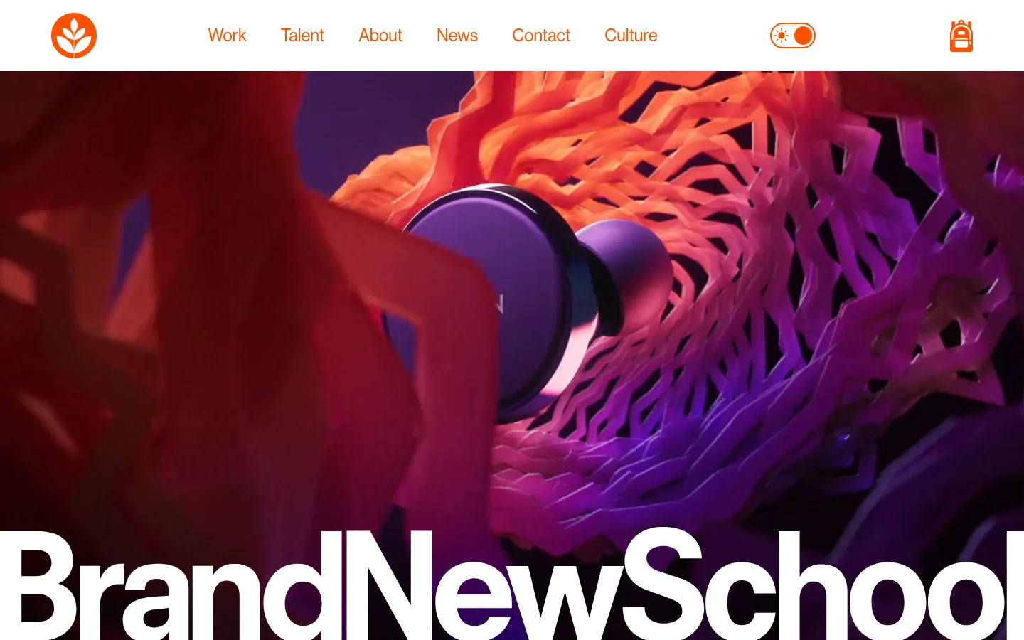 The desktop homepage features a minimalist white navigation bar with an orange logo and links for Work, Talent, About, News, Contact, and Culture. A large hero section displays a vibrant, abstract 3D video background in shades of orange and purple, overlaid with the large white text 'Brand New School'.