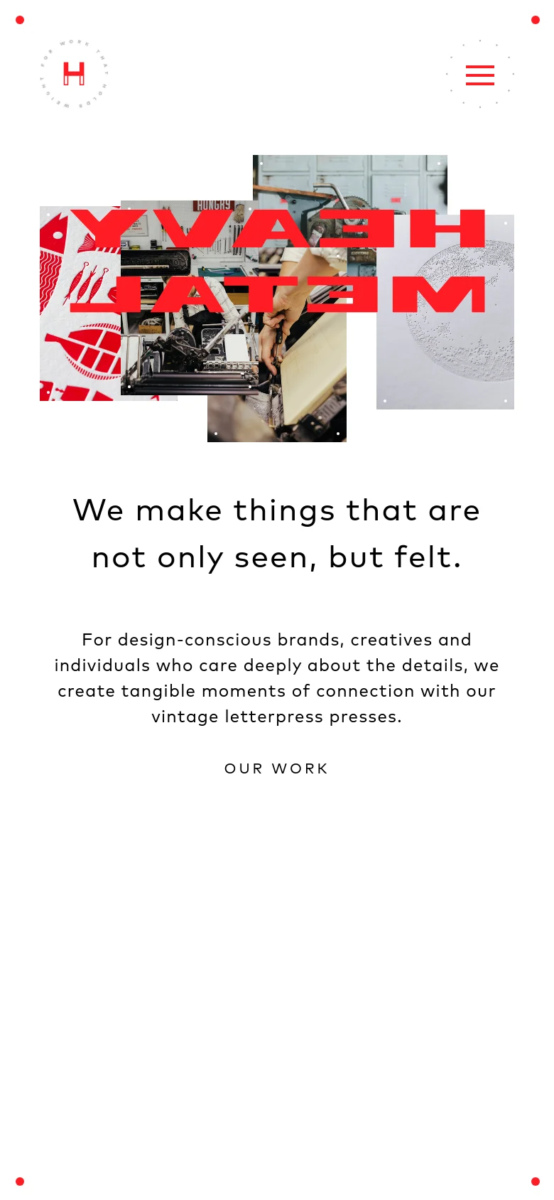 The mobile version uses a simplified layout with a hamburger menu icon and a red logo at the top. The hero section features a stacked collage of printing imagery and large red text, followed by the primary headline and a descriptive paragraph. The navigation is condensed, and the content is centered for vertical scrolling.