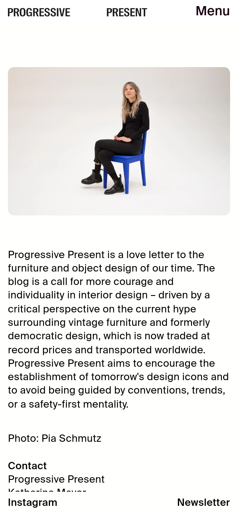 The mobile version uses a single-column layout with the Progressive Present logo at the top and a 'Menu' button. The hero image of a woman in a yellow room is centered above the mission statement text, and the contact details and footer links are stacked vertically at the bottom.