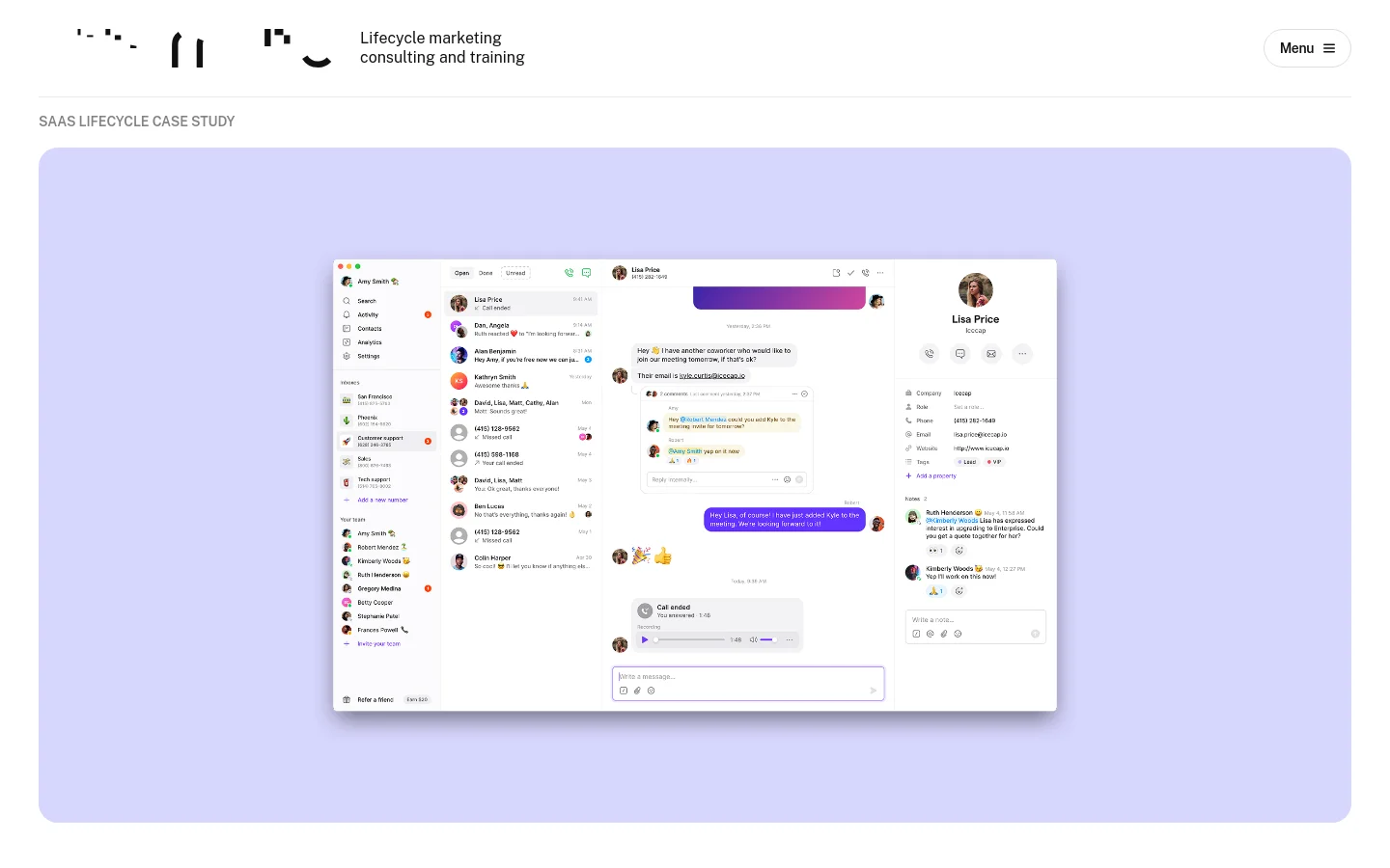A desktop case study page for OpenPhone featuring a light purple background. The hero section displays a large screenshot of the OpenPhone software interface, followed by key details like Industry (B2B SaaS), Year Founded (2018), HQ (San Francisco, CA), and Tool (Customer.io). The OpenPhone logo and a descriptive paragraph about the company are positioned below the metadata.