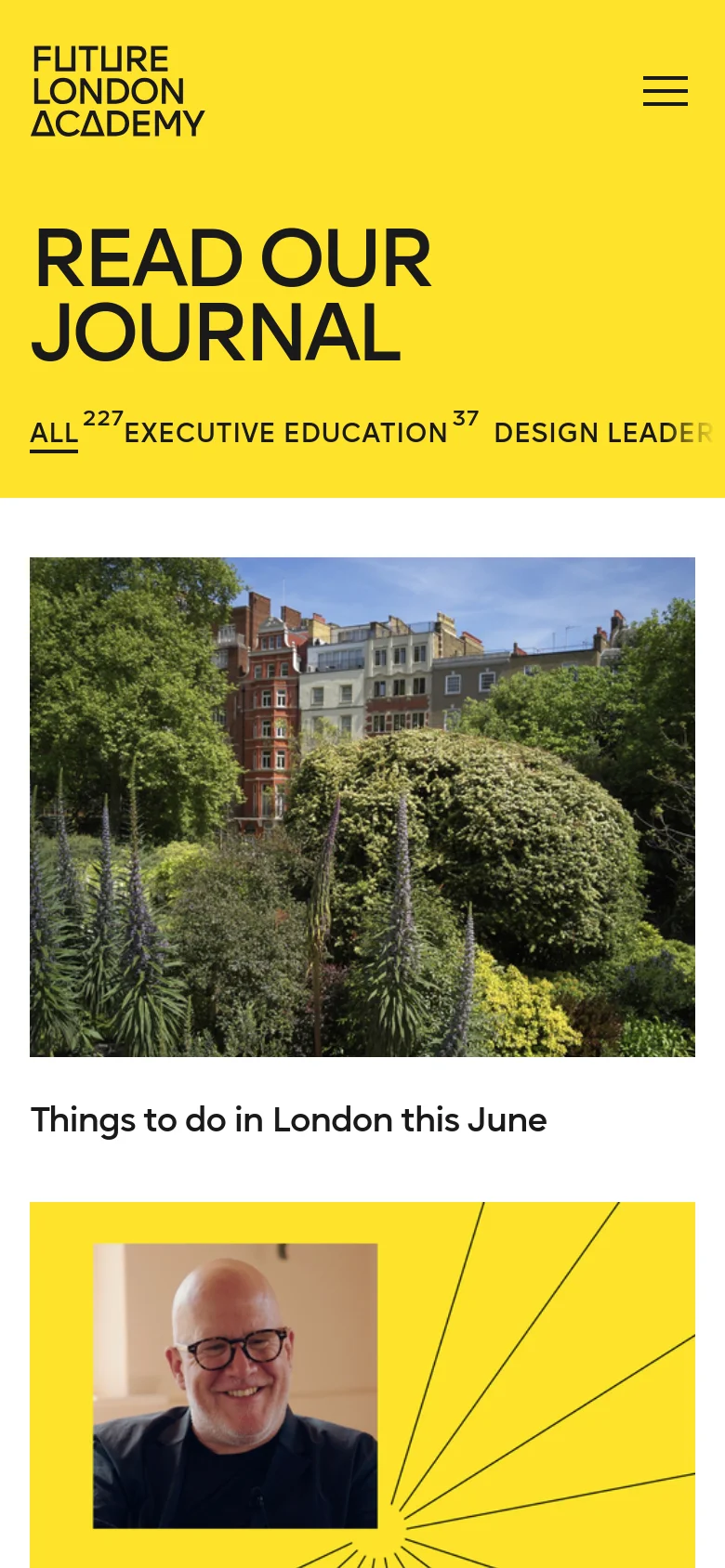 The mobile version uses a simplified layout with a hamburger menu icon in the top right and a centered 'READ OUR JOURNAL' heading. The article categories are arranged in a single-line scrolling list, and the article cards appear stacked vertically below the header.