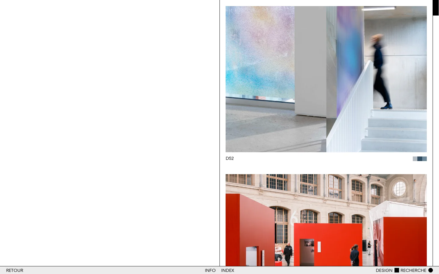 The desktop homepage for Bigtime, a scenography studio, features a minimalist white layout with large, high-quality project images stacked vertically. Each image is accompanied by a project title, description, and year in a clean sans-serif font, with a navigation bar at the bottom containing links like 'RETOUR', 'INFO', and 'INDEX'.