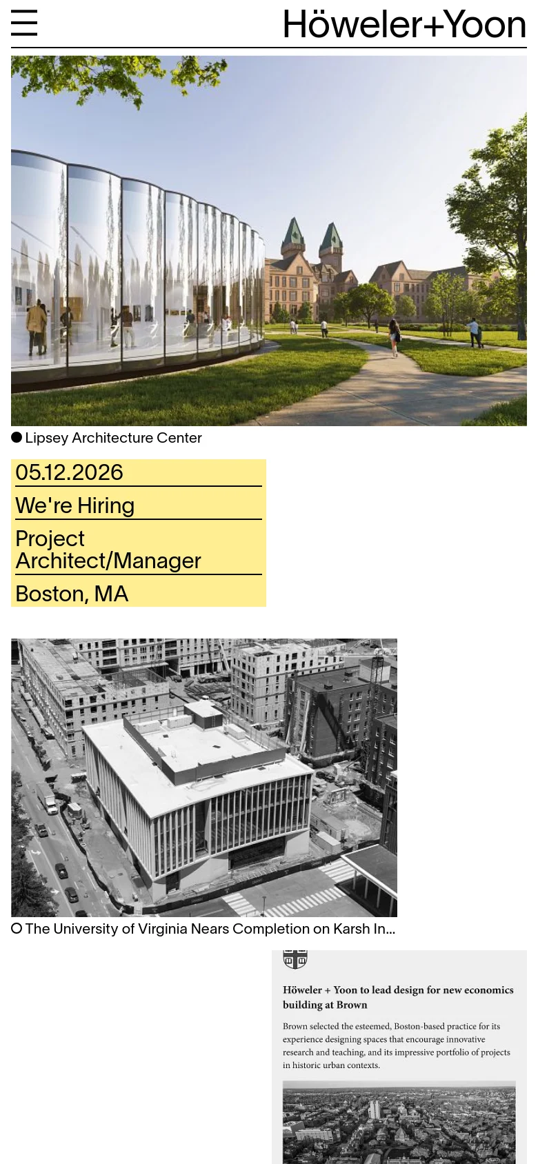 The mobile version maintains the minimalist aesthetic but uses a condensed layout with a hamburger menu icon and the studio name at the top. The large architectural images and the yellow recruitment announcement box are stacked vertically to fit the narrow screen width.
