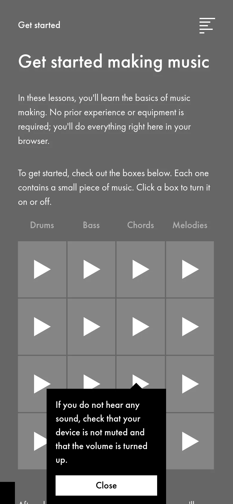 The mobile version presents a simplified vertical layout with the same dark gray theme and white text. The main headline and introductory text are centered, and the interactive music grid is scaled to fit the narrower screen. A hamburger menu icon is located at the top right for navigation, and a black pop-up notification at the bottom provides audio troubleshooting tips.