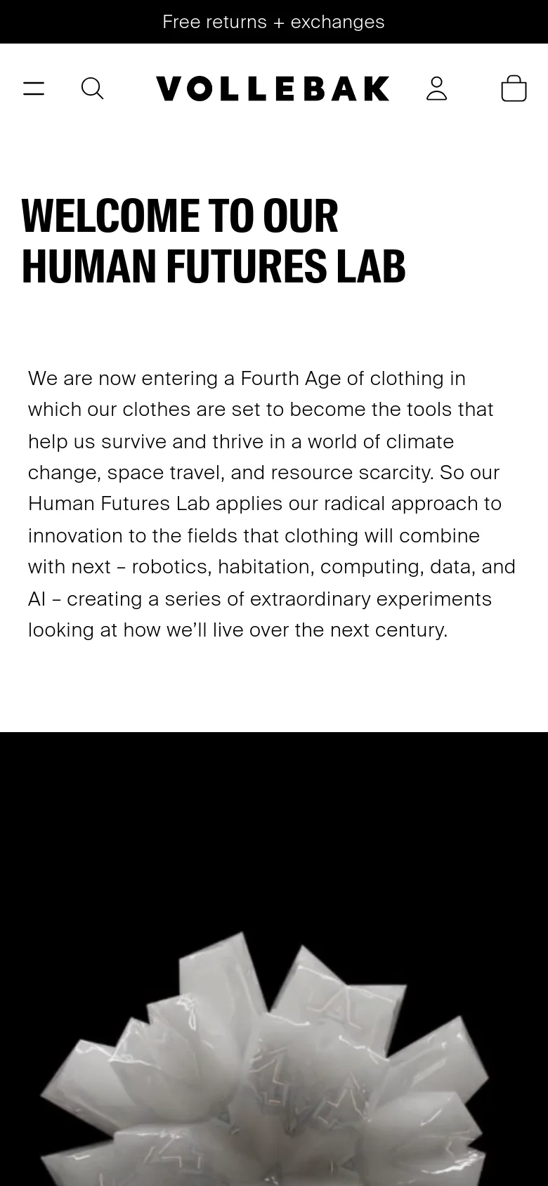 The mobile version uses a condensed layout with a hamburger menu, search icon, user profile, and shopping bag in the header. The bold 'WELCOME TO OUR HUMAN FUTURES LAB' headline and introductory text are stacked vertically above the same large, white geometric star image on a black background.