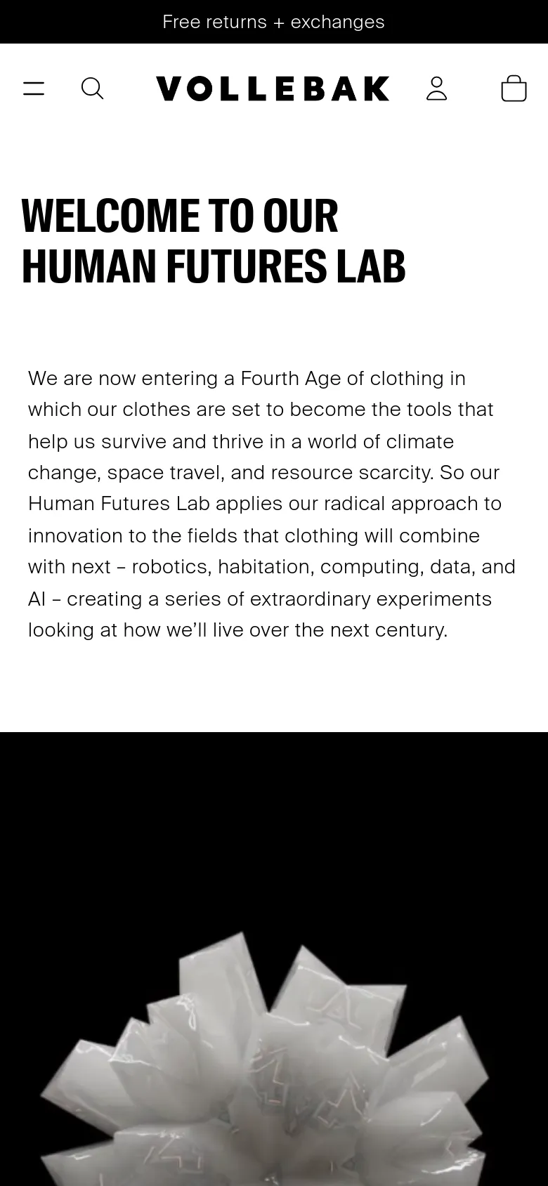 The mobile version uses a condensed layout with a hamburger menu, search icon, user profile, and shopping bag in the header. The bold 'WELCOME TO OUR HUMAN FUTURES LAB' headline and introductory text are stacked vertically above the same large, white geometric star image on a black background.