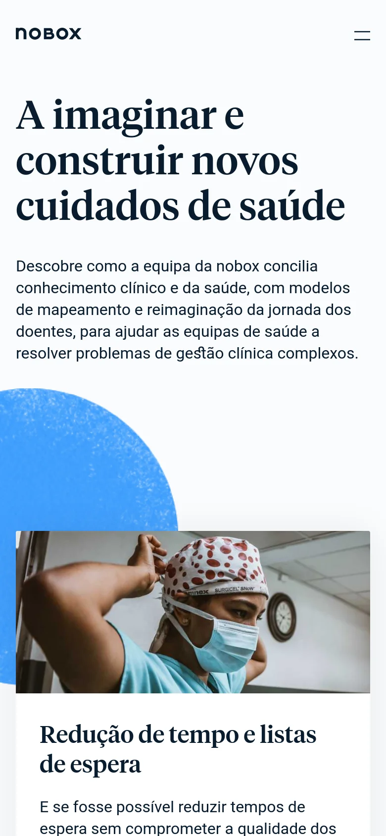 The mobile version presents a vertically stacked layout with the main headline and introductory text at the top. The blue abstract hero element is positioned behind the text, and the service cards follow below in a single-column format, making the images and text larger for easier scrolling on a small screen.