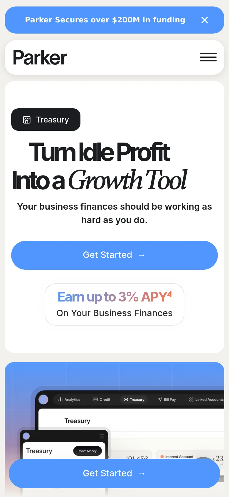 The mobile version uses a single-column vertical layout optimized for small screens. The hero headline and subtext are centered above a large blue 'Get Started' button, followed by a white information card. The navigation menu is condensed into a hamburger icon at the top right, and the dashboard graphics are stacked vertically below the main content.