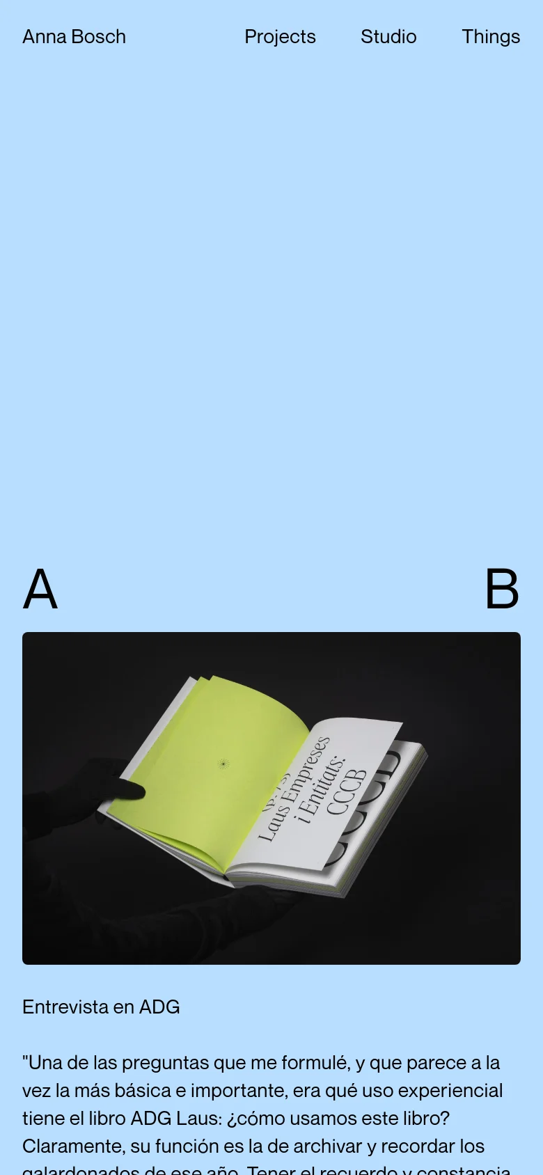 The mobile version presents a simplified, single-column vertical layout on a light blue background. The large 'A' and 'B' characters remain prominent, followed by a large hero image of an open book and a headline. The navigation menu is condensed at the top, and content is stacked vertically for easier scrolling.