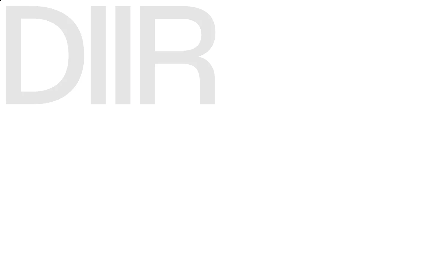 The desktop page features a minimalist white background with large, light gray 'DIIR' typography. The text 'Four pillars, four phases and four points of view united in a common vision: the dialogue between architecture and the design of an experience' is arranged vertically in a thin, spaced-out font.