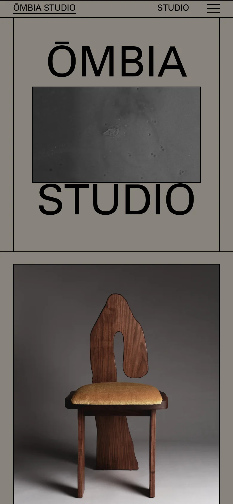 Ombia Studio mobile homepage with a stacked layout and simplified navigation. The hero section features large, centered brand typography above a high-contrast close-up of sculptural ceramic textures, utilizing a clean, minimalist aesthetic on a taupe background.