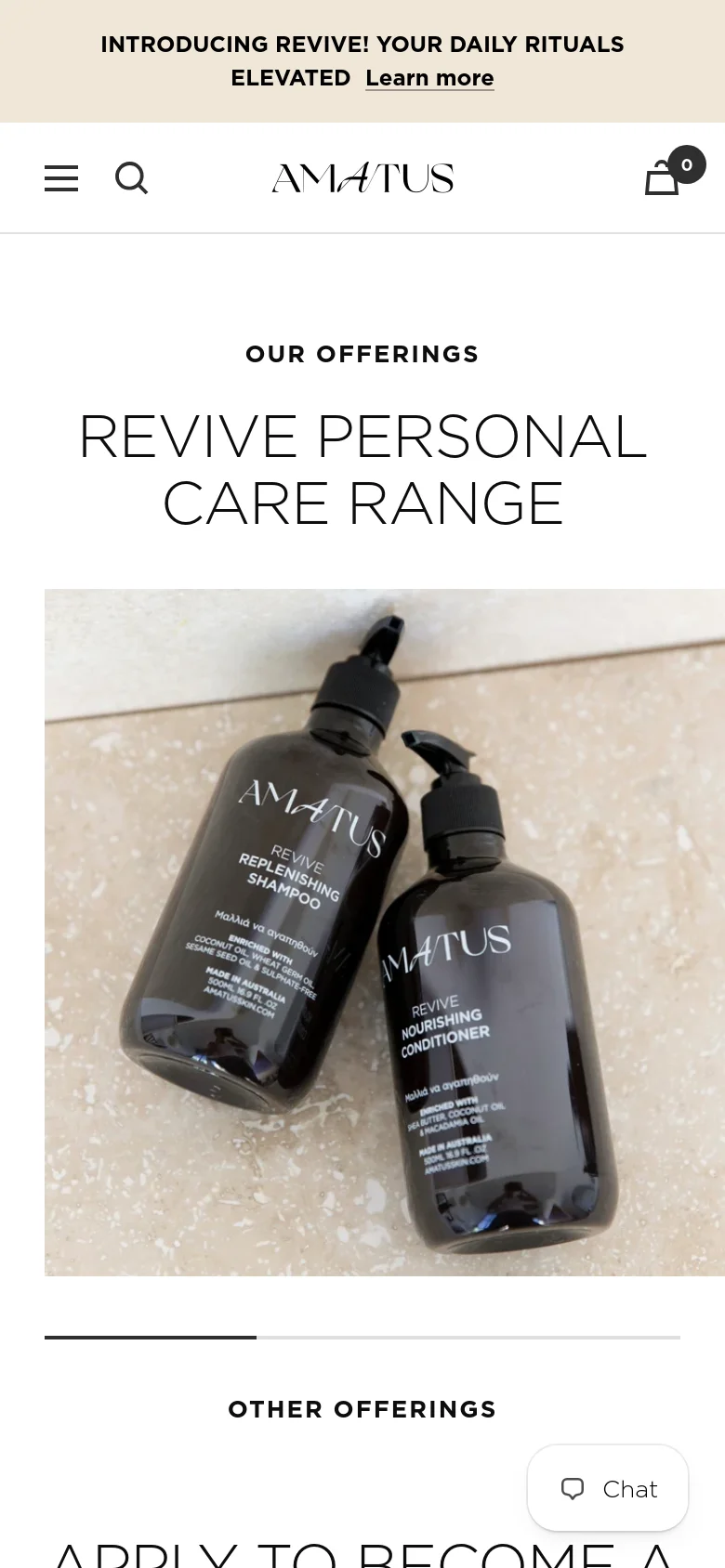 The mobile version simplifies the layout into a single-column view, with the logo centered and a hamburger menu on the left. The 'REVIVE PERSONAL CARE RANGE' heading is prominent above a large, full-width hero image of skincare bottles. Navigation is condensed, and a floating chat button is visible in the bottom right corner.