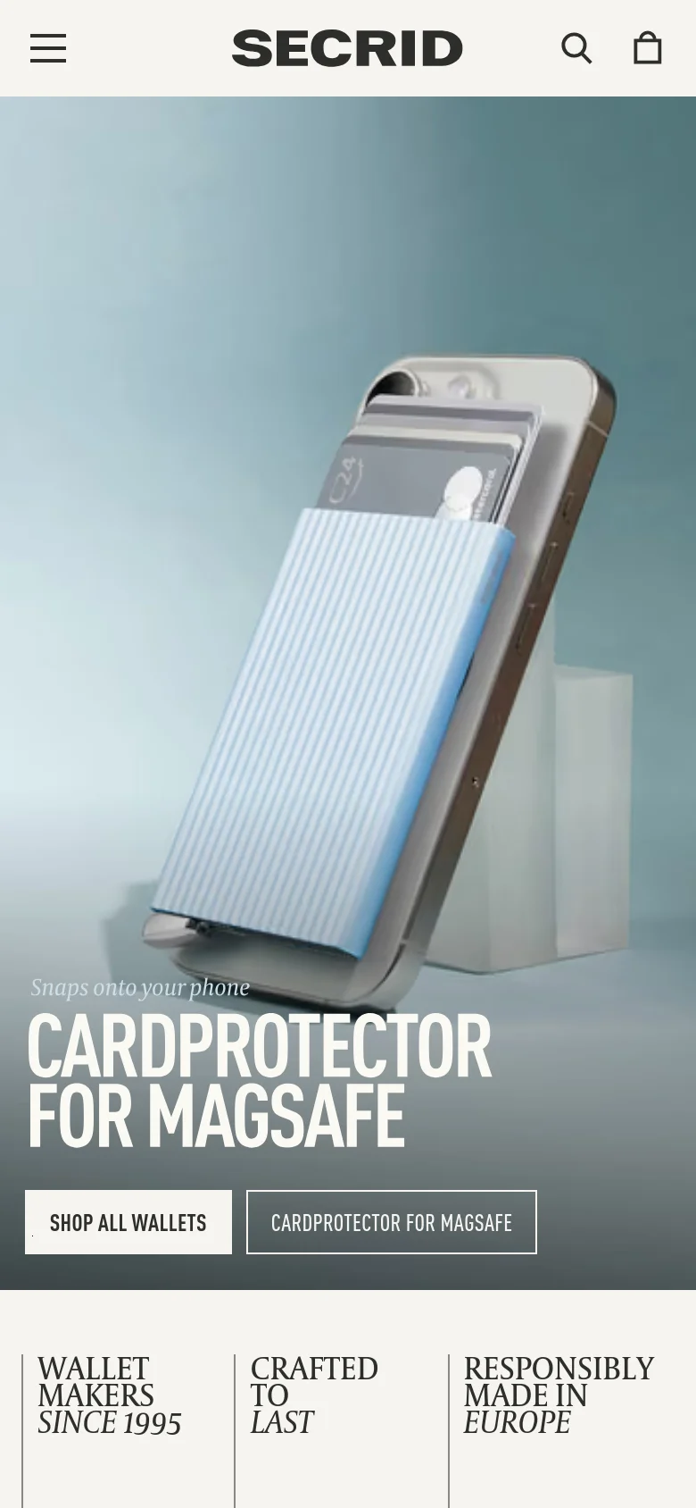 The mobile version presents a vertically stacked layout, starting with a full-width hero image of the MagSafe Cardprotector on a phone. The large white headline and buttons are positioned over the bottom of the image. The brand philosophy sections below are arranged in a single-column vertical list rather than side-by-side columns.