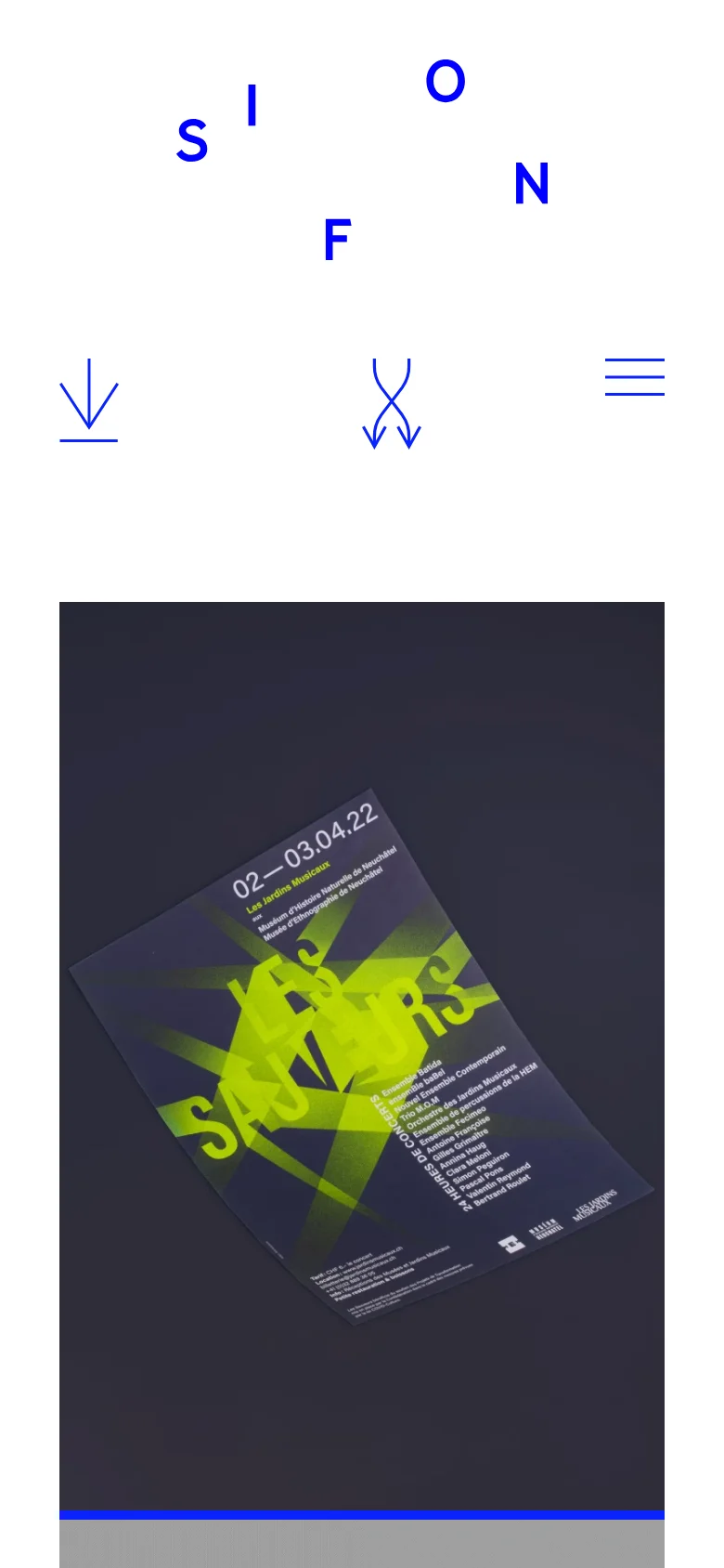 The mobile version presents a single-column layout with a simplified header containing blue navigation icons and a hamburger menu. The brand name 'SIFON' is prominently displayed in a large, scattered blue font above a single, large vertical project image. The content is stacked vertically to fit the narrow screen width.