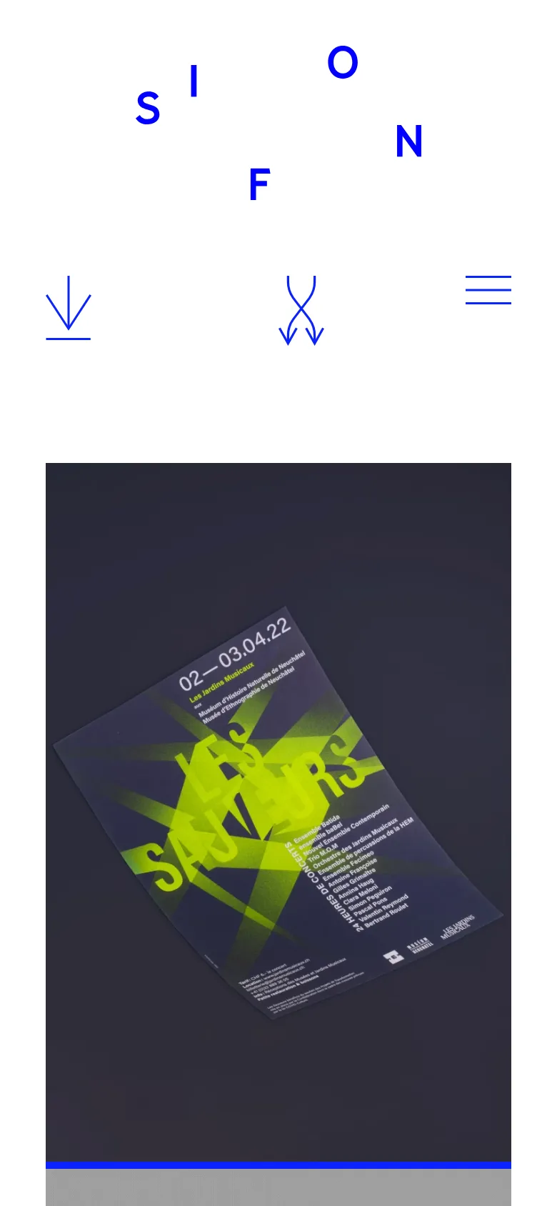 The mobile version presents a single-column layout with a simplified header containing blue navigation icons and a hamburger menu. The brand name 'SIFON' is prominently displayed in a large, scattered blue font above a single, large vertical project image. The content is stacked vertically to fit the narrow screen width.