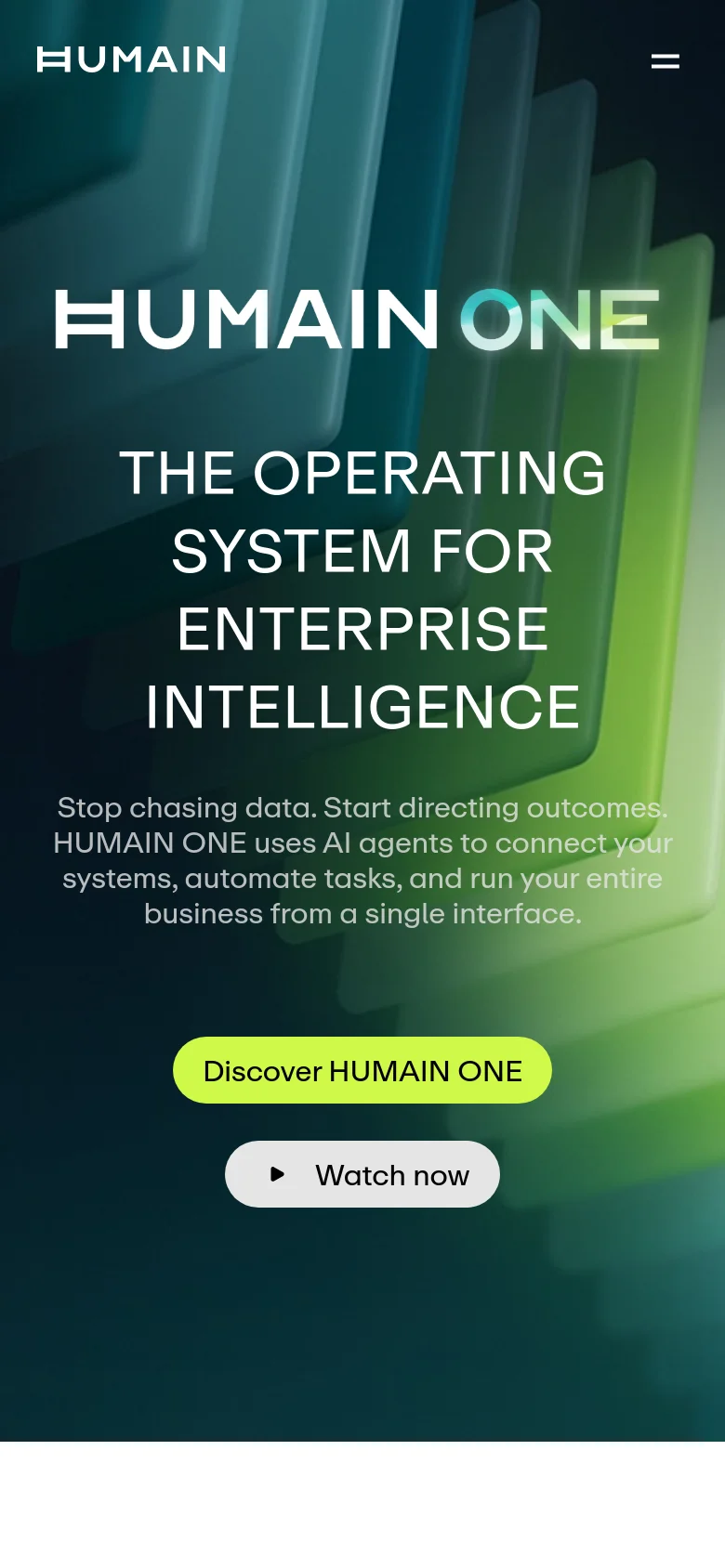 The mobile version presents a vertically stacked layout with the 'HUMAIN' logo and a hamburger menu at the top. The hero text and description are centered against the same dark, abstract geometric background, with the 'Discover HUMAIN ONE' and 'Watch now' buttons appearing stacked vertically for easier tapping.