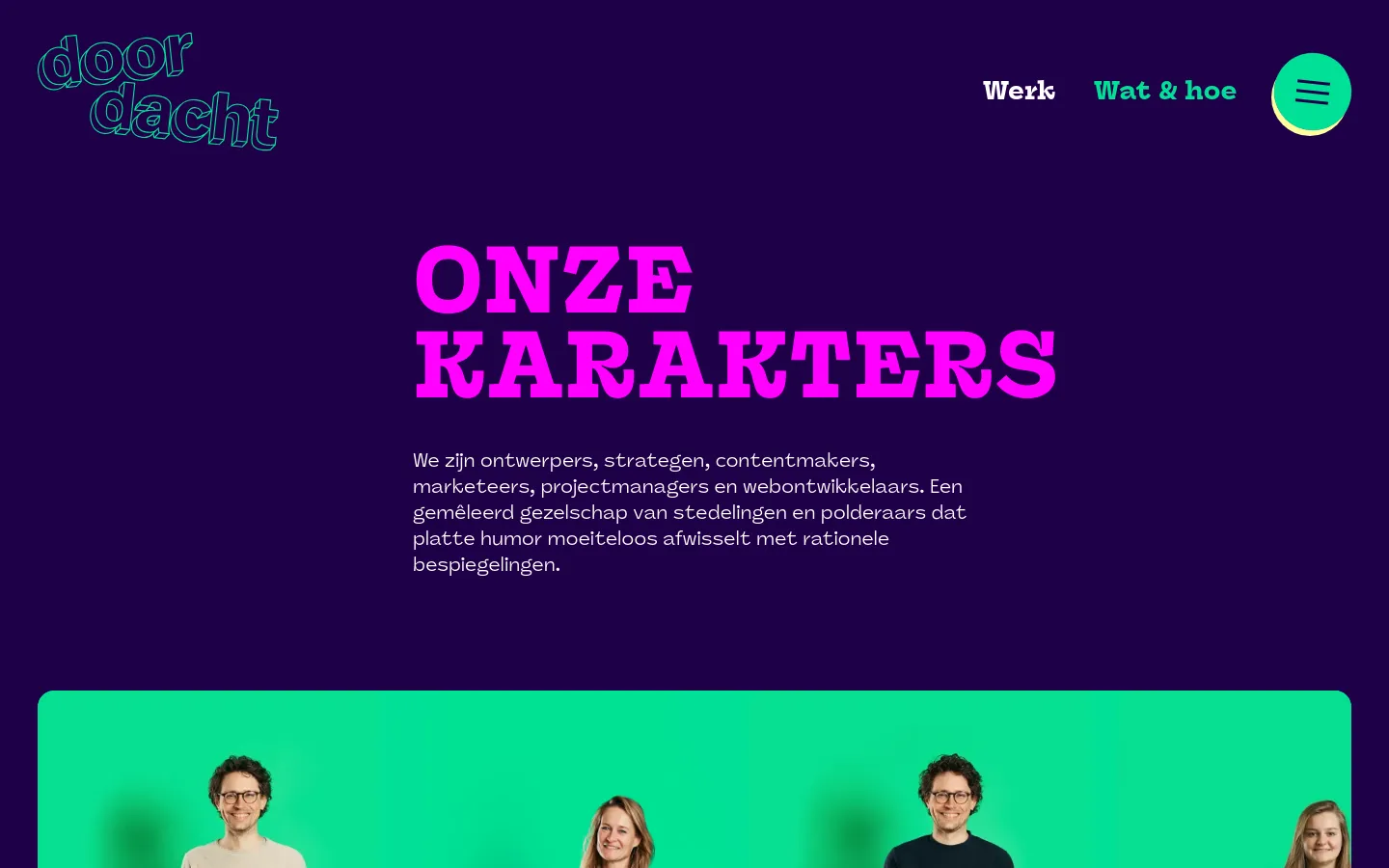 The desktop page features a dark purple background with a large pink headline reading 'ONZE KARAKTERS' and a descriptive paragraph. Below the text, a grid layout displays team members' portraits against bright green backgrounds, accompanied by their names and professional roles.